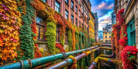 Urban gas pipes transformed: a vibrant tapestry of colorful ivy climbs building facades, a nature-infused cityscape.