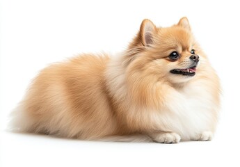 Obraz premium Charming Pomeranian Dog Lying on a White Background with Fluffy Fur and Playful Expression, Capturing the Essence of Canine Cuteness and Personality