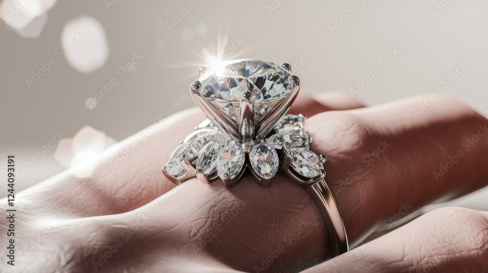 Poster a sparkling diamond ring with a large center stone and smaller surrounding stones, adorns a hand.