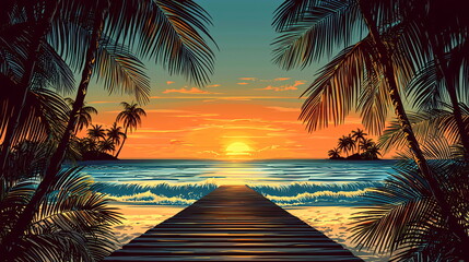 Sunset over ocean with tropical islands and palm trees framing a wooden pier leading to water.