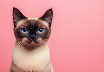 Obraz premium Charming Siamese Cat with Striking Blue Eyes Posing Against a Soft Pink Background, Perfect for Animal Lovers and Pet Enthusiasts Photography