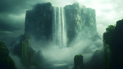 Majestic waterfall cascading down foggy cliffs surrounded by lush greenery. Seamless looping time lapse animation video background
