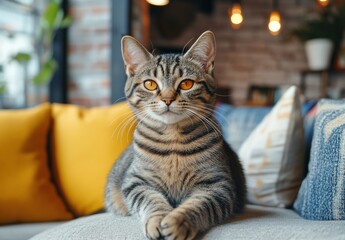 Charming tabby cat lounging in a cozy indoor setting with bright pillows and warm lighting, perfect for home decor and pet lover themes