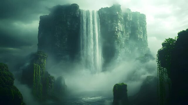 Majestic waterfall cascading down foggy cliffs surrounded by lush greenery. Seamless looping time lapse animation video background
