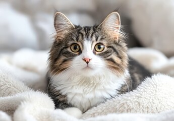 Close-Up of a Curious Tabby Cat with Striking Eyes Relaxing on Soft Fluffy Blanket in Home Environment with Warm Natural Light