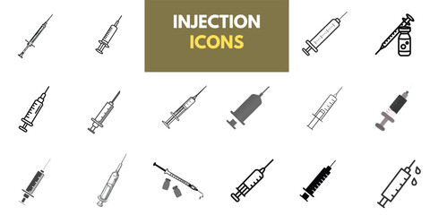 Set of Medical Injection icons, syringe icon vector black and white. Doctors often use syringes to prevent and treat malignant diseases. Injection icon, Syringe,