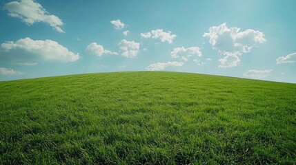 Obraz premium A vibrant green hill stretches across the horizon, bathed in sunshine. Fluffy white clouds float lazily in a brilliant blue sky, creating a serene atmosphere on a peaceful day