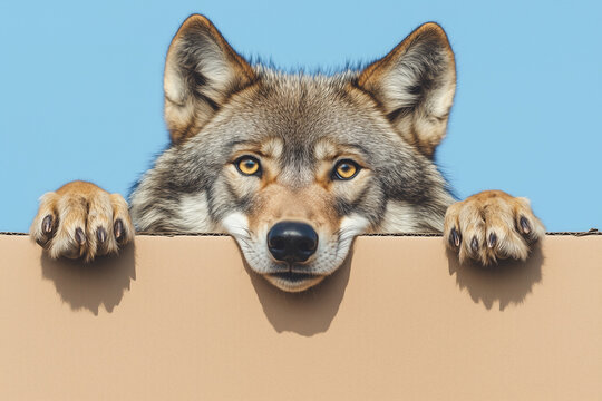 Wolf is peeking over the edge of a brown cardboard box holding into one side with its paws against a blue background.	