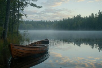 Fototapeta premium Wooden Rowboat on Misty Lake at Dawn