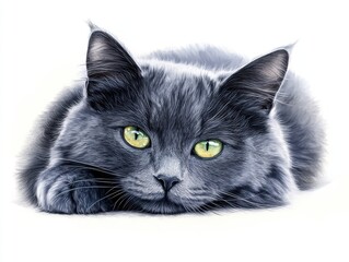 Fototapeta premium Close-up portrait of a fluffy gray cat with striking green eyes relaxing on a soft white surface, showcasing its expressive features and serene demeanor