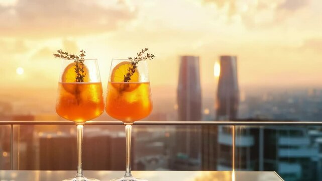 Golden hour illuminates two glasses of aperol spritz cocktails, garnished with orange slices and thyme sprigs, sitting on a rooftop bar overlooking a breathtaking cityscape