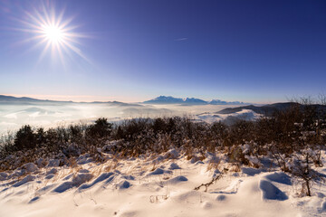 Pieniny , góry, zima, śnieg, Karpaty, mgły, Tatry, Dunajec