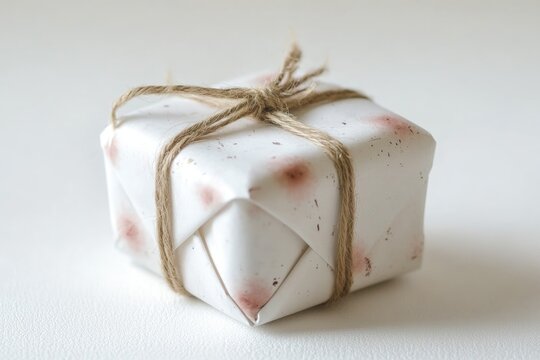A small white gift wrapped in brown string