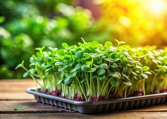 Vibrant arugula and sprouting microgreens, fresh from the farm, healthy and ready to eat.  A closeup tray of goodness.