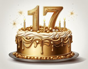 Illustration of decorated gold cake for birthday or anniversary party. Number 17, seventeenth birthday celebration