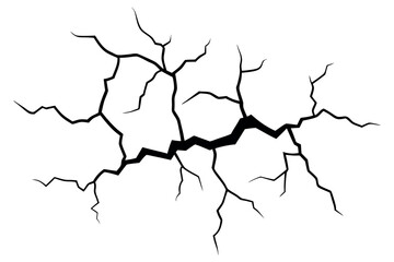 Cracked Ground Surface: Earthquake Fissures and Concrete Breaks, Top View of Damage with Crevices, Glass-Like Pattern Effect, Isolated on White Background