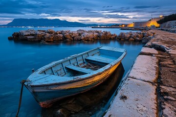 Obraz premium A lonely boat at dawn in the Mediterranean