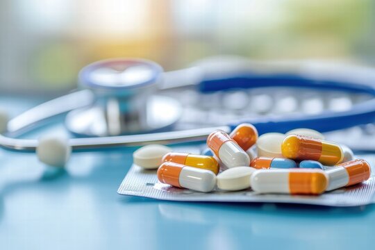 Colorful capsules and a stethoscope on a blurred background in a healthcare setting
