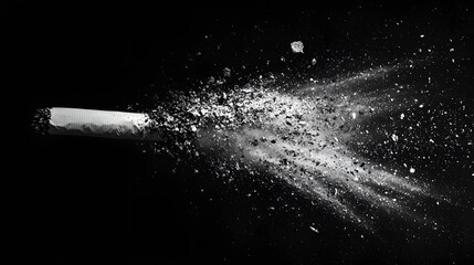 A cigarette disintegrating into ash symbolizing the adverse effects of smoking and the transition from a tangible object to dispersed particles
