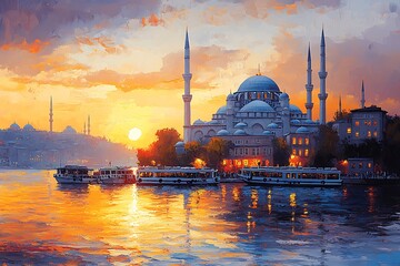 Obraz premium Istanbul Mosque at Sunset, a Colorful Impressionist Painting