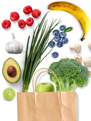 paper bag vegetables fruits on white