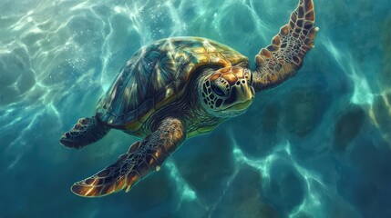Fototapeta premium rare sea turtle swimming gracefully through clear blue waters, emphasizing the importance of ocean conservation and the fight to protect endangered marine life