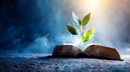 A glowing verdant plant sprouting from the pages of an open book symbolizing the growth development and advancement of knowledge leadership and innovation