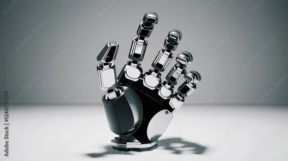 Poster Metallic robotic hand closing fingers with precision, showcasing advanced technological innovation against pristine white background, symbolizing future of artificial intelligence and robotics