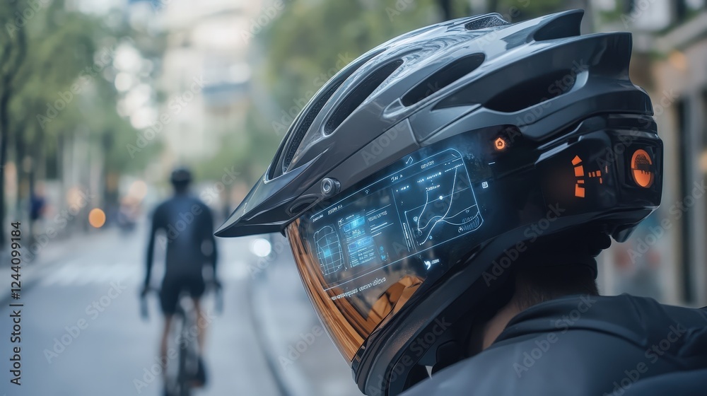 Poster smart helmet displaying augmented reality features, like navigation directions and real-time data, w
