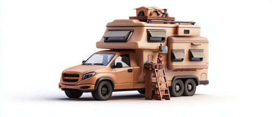 Toy truck with a camper on top parked on a play mat with colorful designs and road patterns