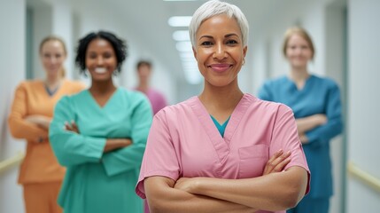 A diverse group of healthcare professionals in scrubs, smiling confidently in a hospital corridor, showcasing teamwork and dedication in their field.