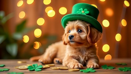 Cute puppy wearing a green hat lies on a table surrounded by shamrocks and gold coins for St. Patrick's Day celebration