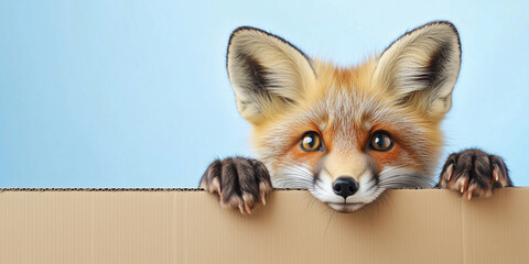 Obraz premium Fox is peeking over the edge of a brown cardboard box holding into one side with its paws against a blue background. 