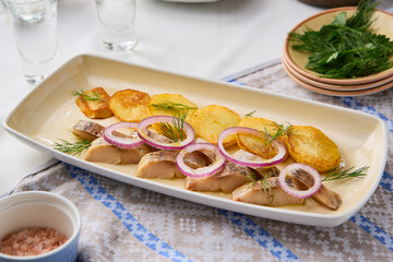 Rustic Elegance Baked Potatoes with Salted Herring and Onion in Natural Light