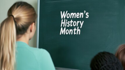 A person observes a chalkboard displaying "Women's History Month," emphasizing the importance of recognizing women's contributions throughout history.