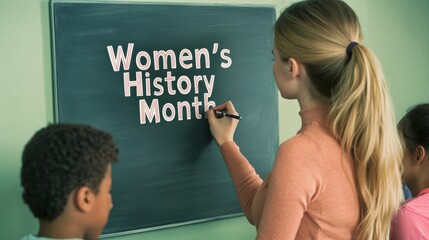 A young girl writes "Women's History Month" on a chalkboard, while two children look on, promoting awareness of women's contributions.