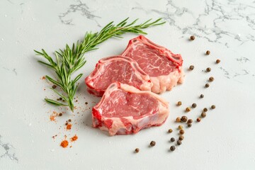 Fototapeta premium Fresh raw meat. Beef steaks and spices on the table. Selective focus.
