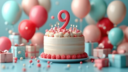 A festive birthday cake with a pink number 9, surrounded by balloons and gifts.