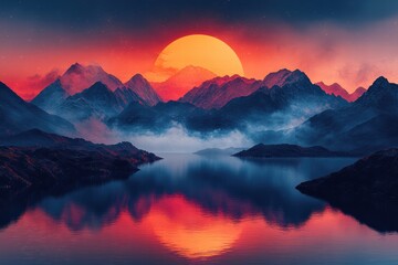 Obraz premium Stunning sunset over serene mountains with vibrant reflection on calm water