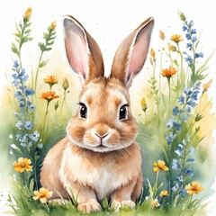 Cute rabbit surrounded by colorful wildflowers in a sunny meadow setting during springtime