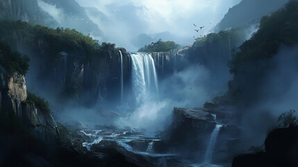 Fototapeta premium Misty Mountain Waterfall Landscape, Birds Flying, Game Background