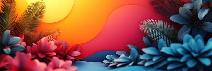 Vibrant tropical landscape with colorful sun and lush foliage for promotional materials