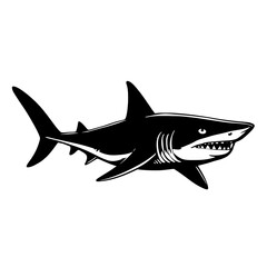 Obraz premium An illustration featuring a black shark silhouette set against a clean white background showing a shark swimming with detailed fins and teeth, symbolizing strength and dominance.