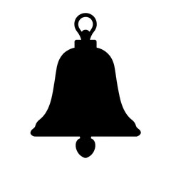 An illustration featuring a black bell silhouette set against a clean white background depicting a classic bell shape with detailed clapper and curves.