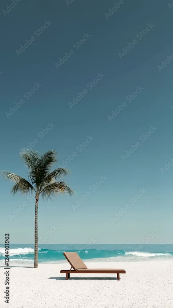 Poster slow motion revealing serene oceanfront landscape with solitary palm tree, inviting sunbed nestled a