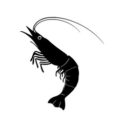 An illustration featuring a black shrimp silhouette set against a clean white background showing a shrimp with detailed antennae and legs, symbolizing delicacy and agility.