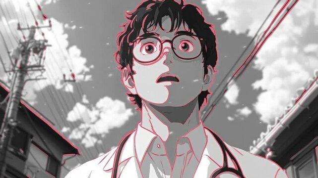 In a lively environment filled with sunlight and fluffy clouds, a doctor with glasses intently examines a patient, showcasing a moment of care and dedication within the medical field.