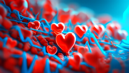 a bunch of red hearts on a blue background