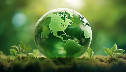 지구본 위에 초록색의 환경 보호 아이콘이 함께 배치된 모습