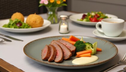 Elegant dining presentation featuring sliced meat and vibrant accompaniments